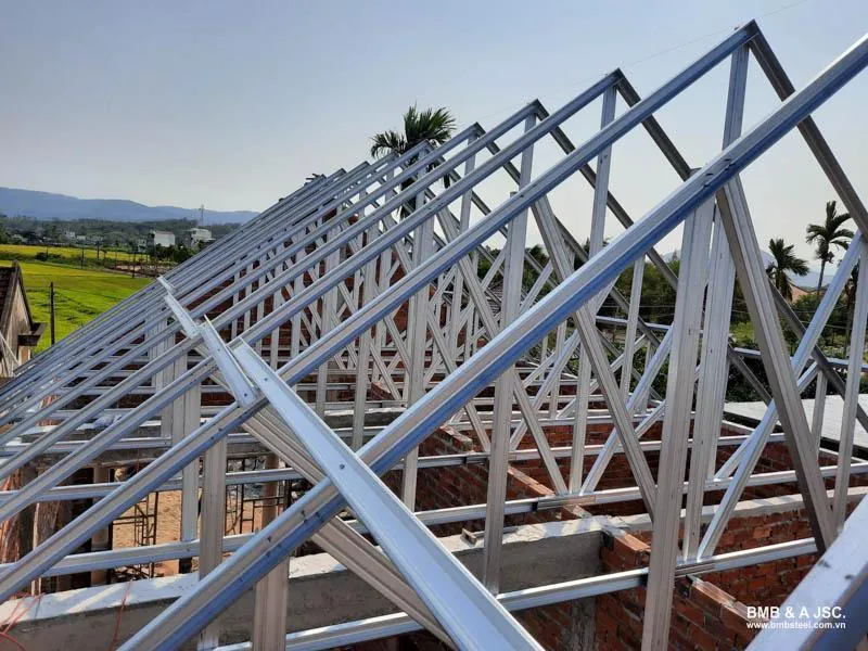 Steel roof trusses installed on a house