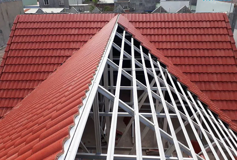 Red roof on a steel roof structure