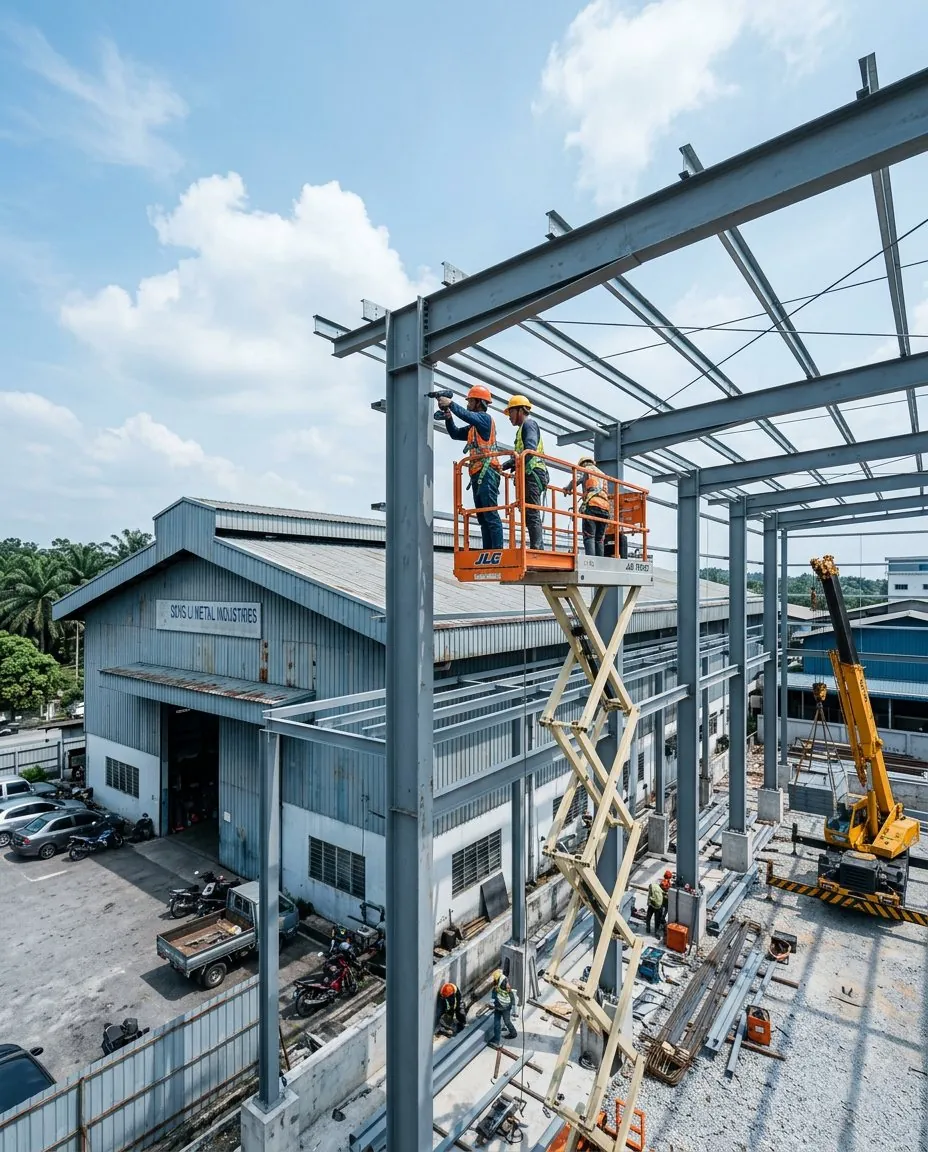 Steel extension being added to an existing factory