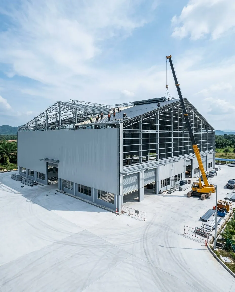New factory building with steel frame and cladding