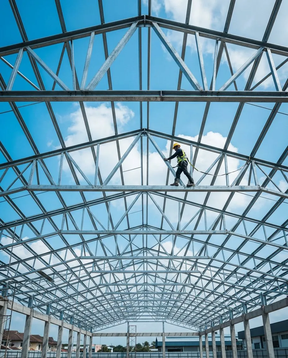 Steel roof trusses and purlins