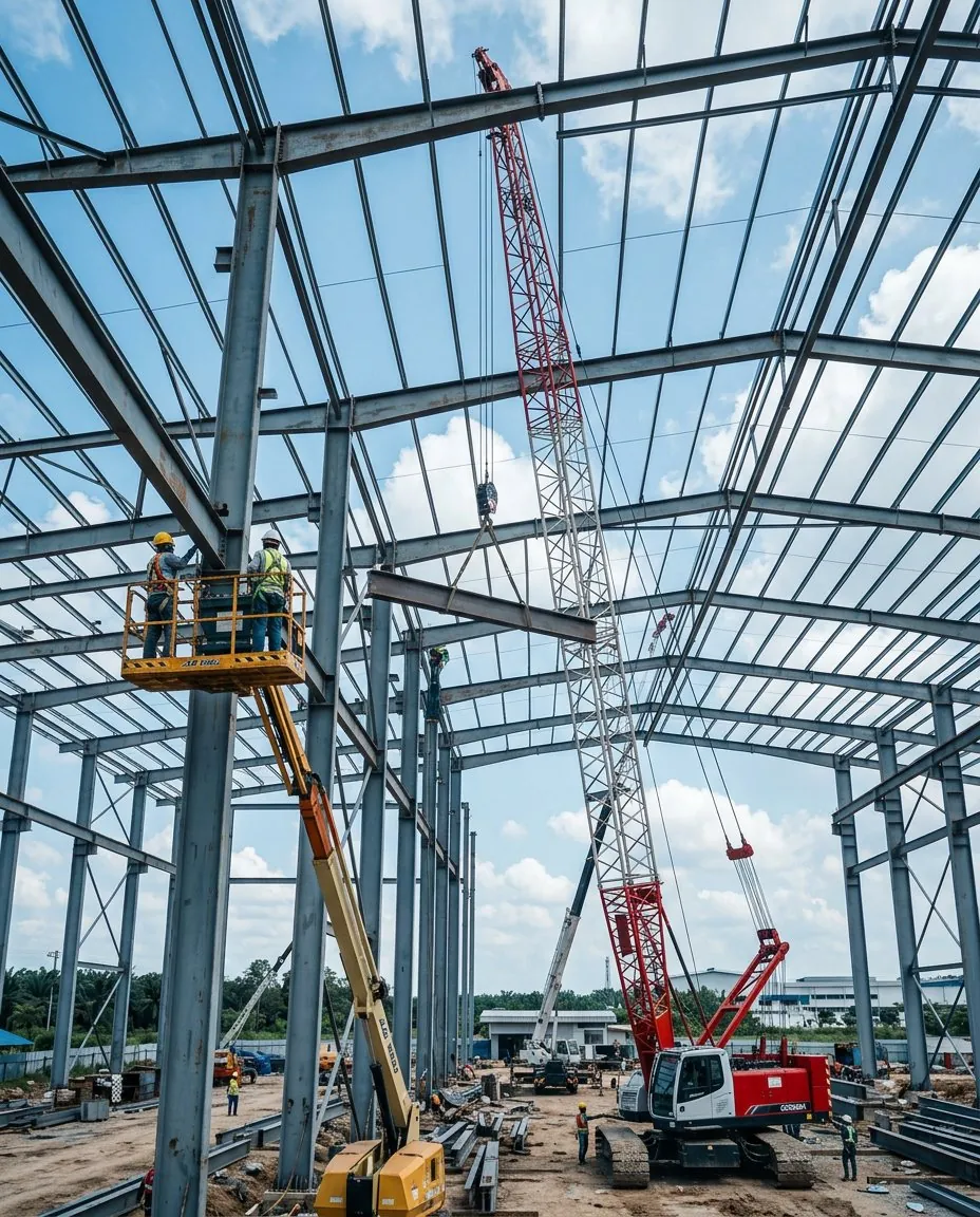 Steel portal frame of a factory under construction with a crane