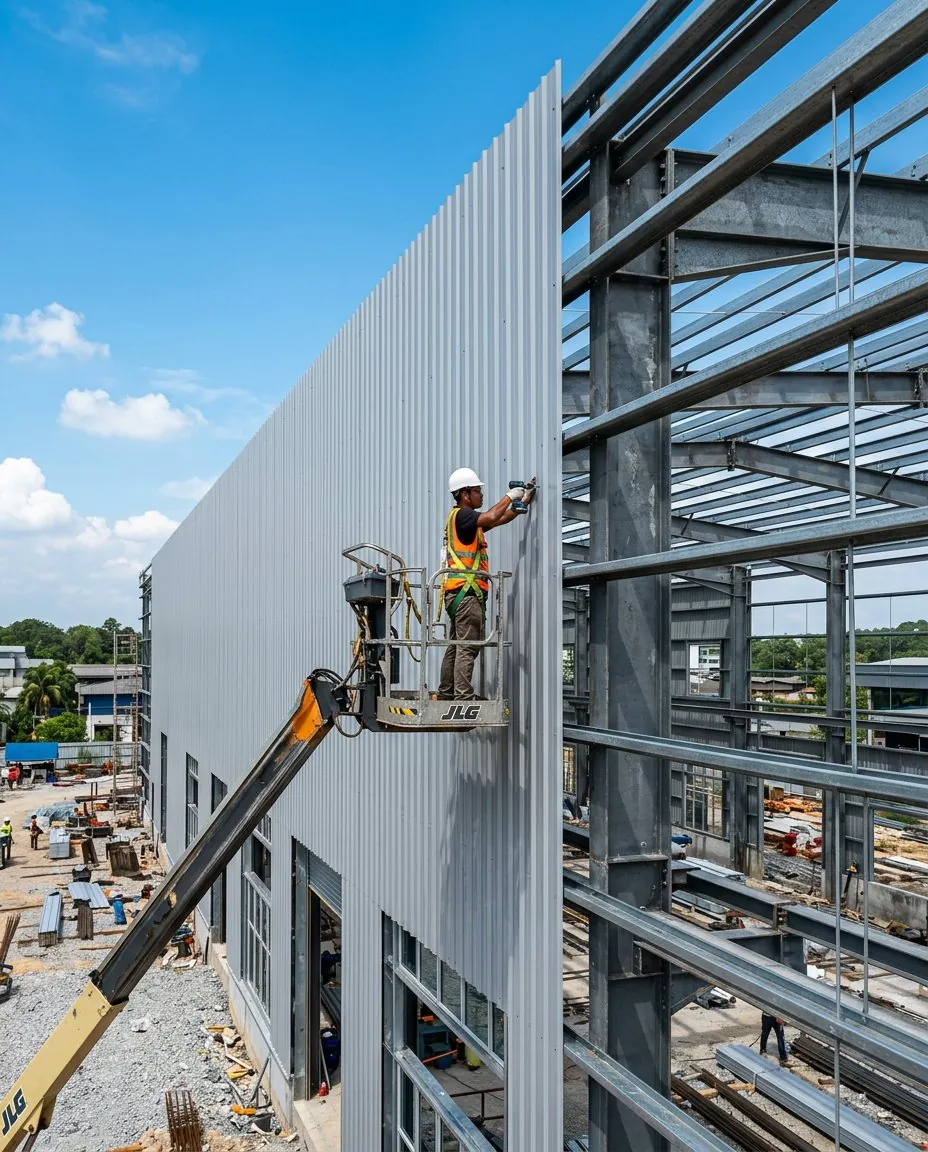 Metal wall cladding on a steel frame
